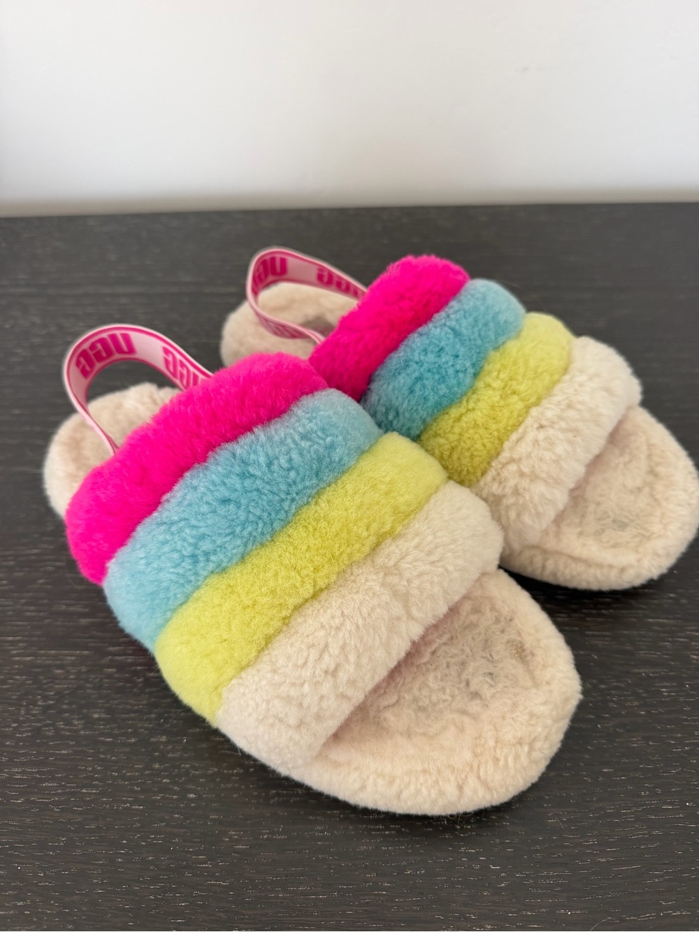 UGG Kids Multicolor Fuzzy Slide Sandals - Pink, Blue, Yellow, Cream